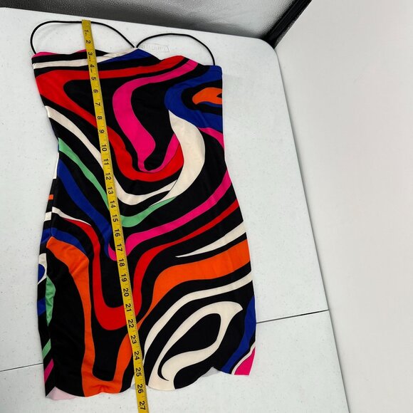 MICAS S Psychedelic Swirl Mini Dress Bodycon Strapless Multi-Color Y2K Party - Picture 5 of 9